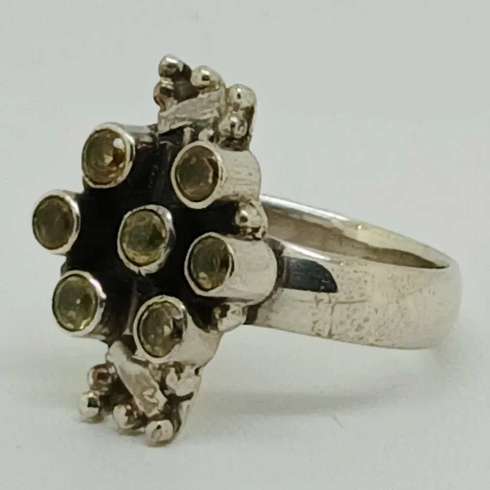 Artisan Crafted 925 Sterling Silver Citrine Cluster Ring Thailand 1990s Size 9.5